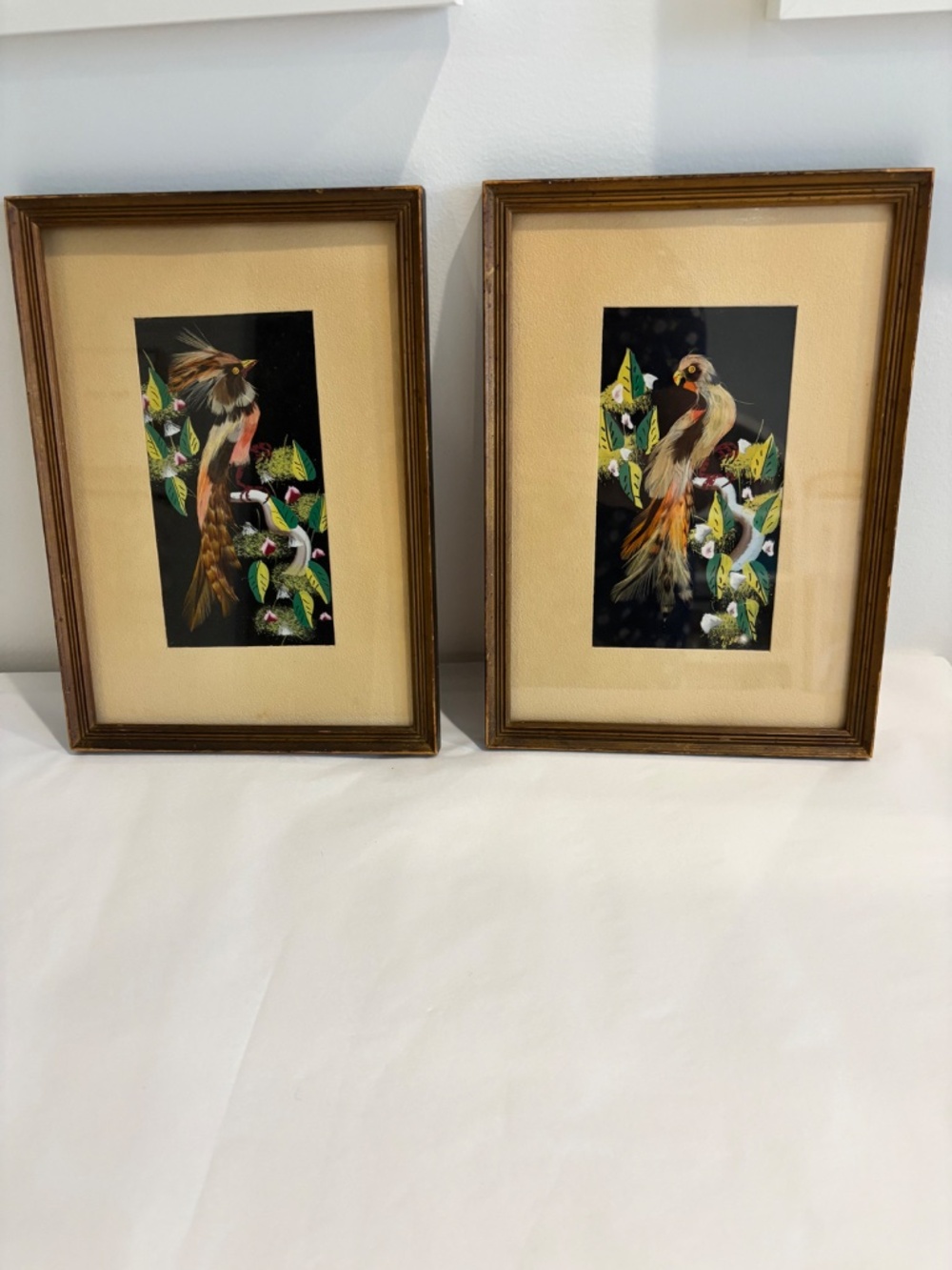 Vintage Mexican bird feather art paintings wood frames SET OF TWO 10.75" X 7.5"